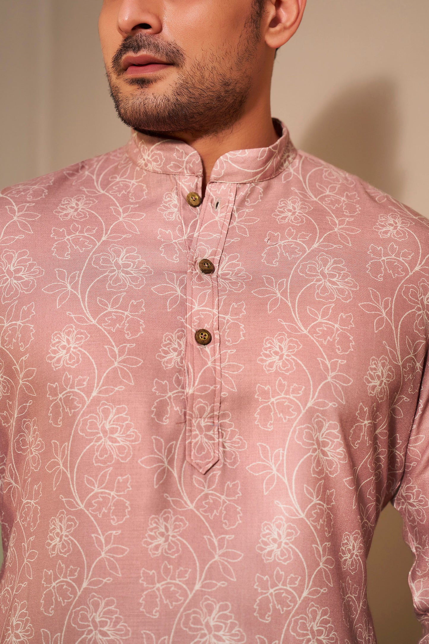 Rose Mist Kurta Men Detail Close-Up – Modern Ethnic Ethnoir India