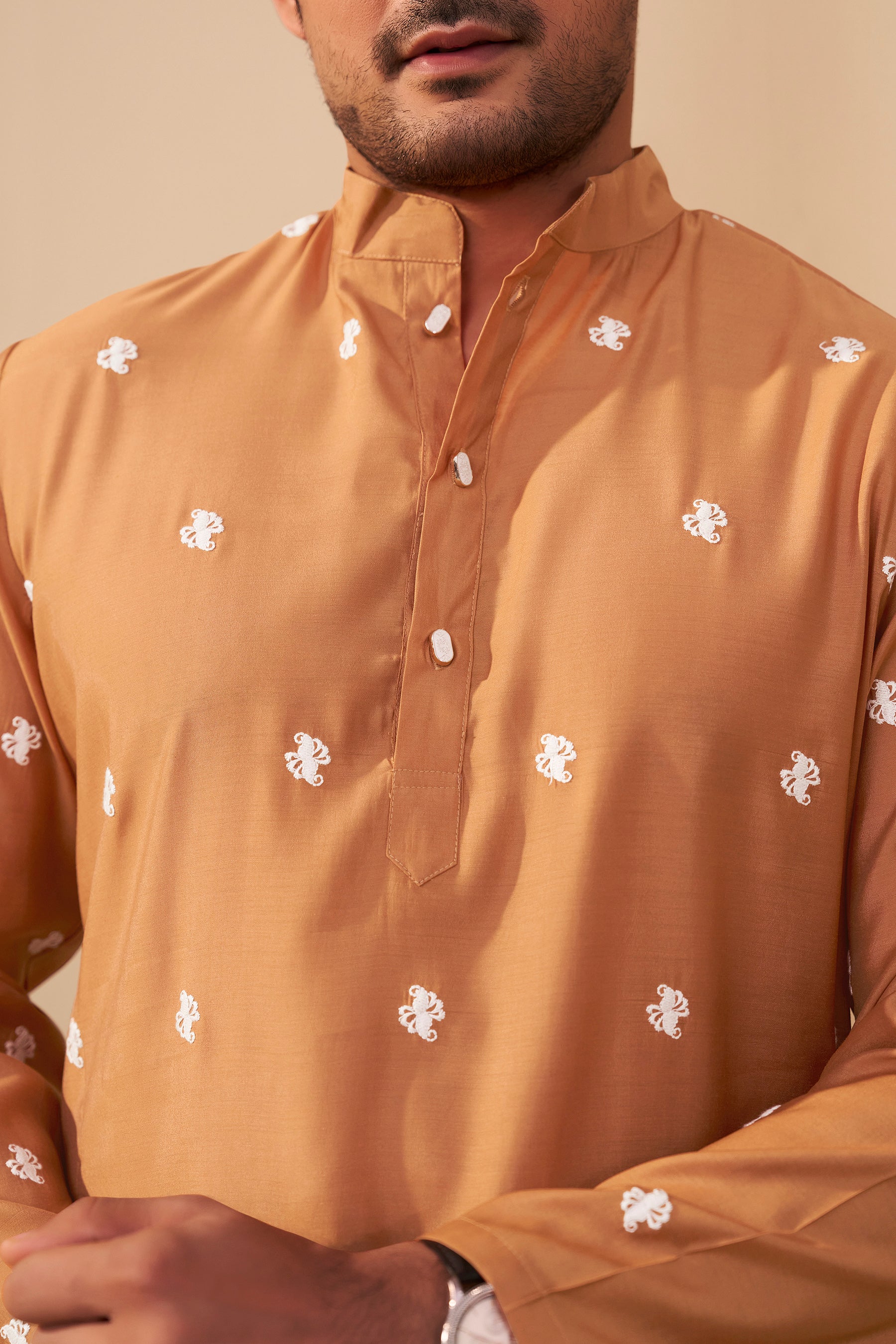 Orange Embroidered Kurta Men Detail – Festive Ethnic Ethnoir India