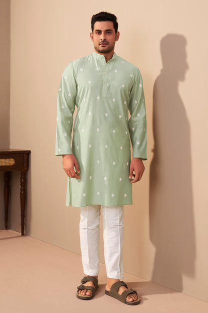 Sea Green Silk Embroidered Mandarin Collar Kurta for Men – Ethnoir