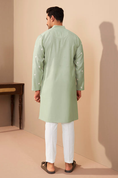 Sea Green Silk Embroidered Kurta Men Side View – Ethnoir India