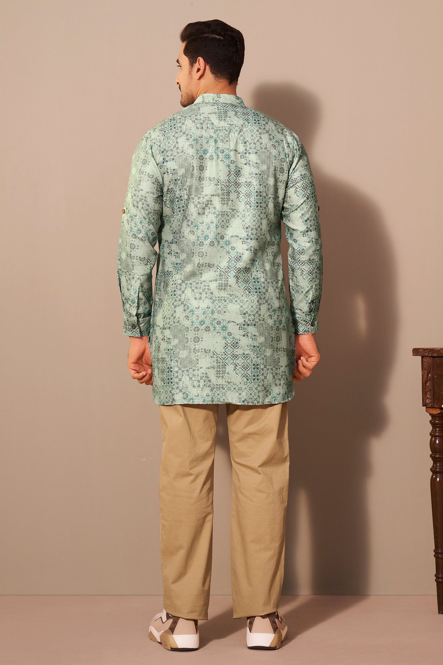 Sage Green Printed Short Kurta for Men Side View – Ethnoir India
