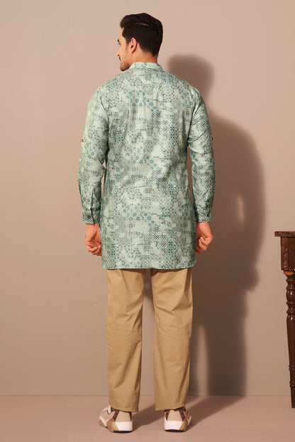 Sage Green Printed Short Kurta for Men Side View – Ethnoir India