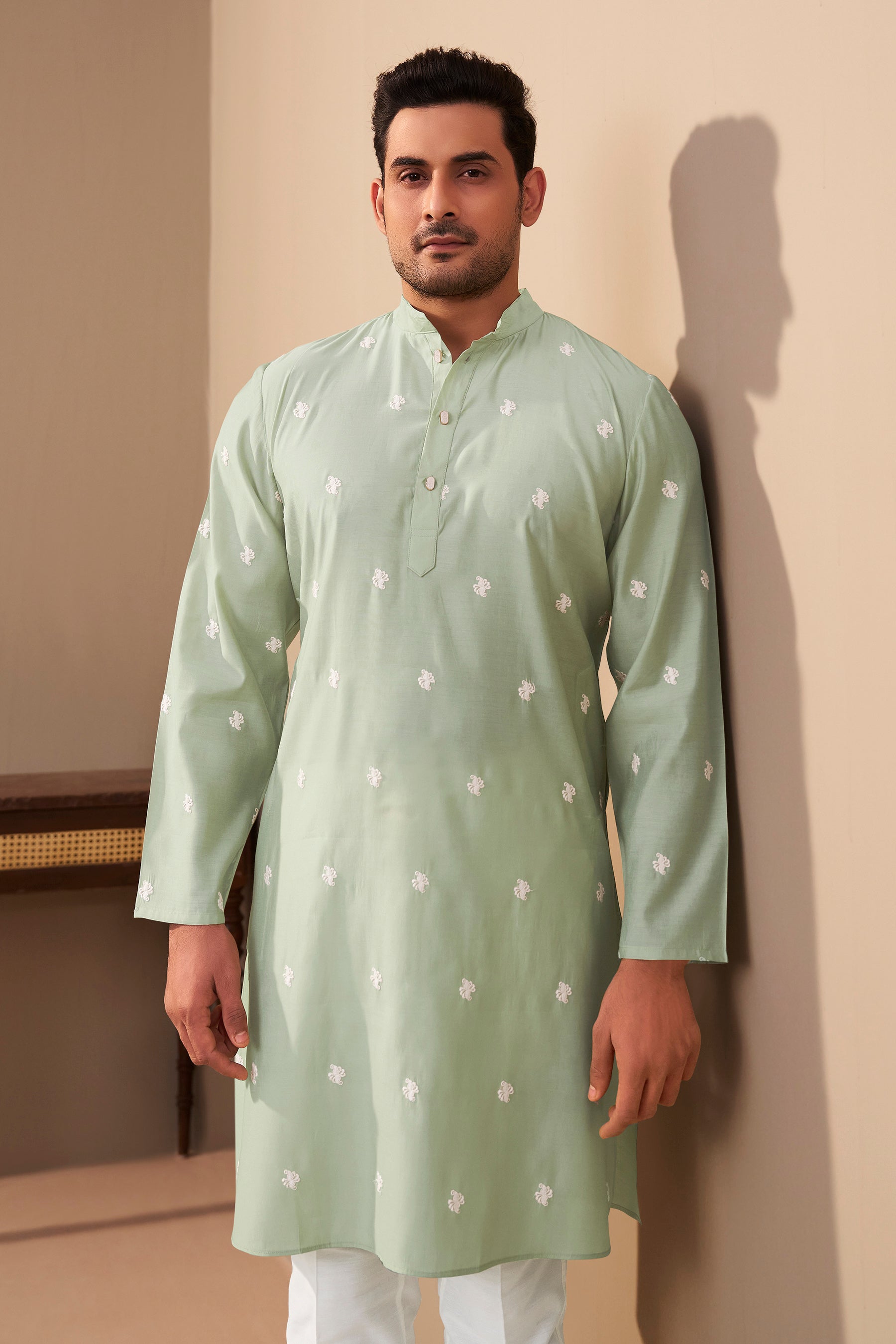 Sea Green Roman Silk Kurta Men Back View – Mandarin Collar Ethnoir