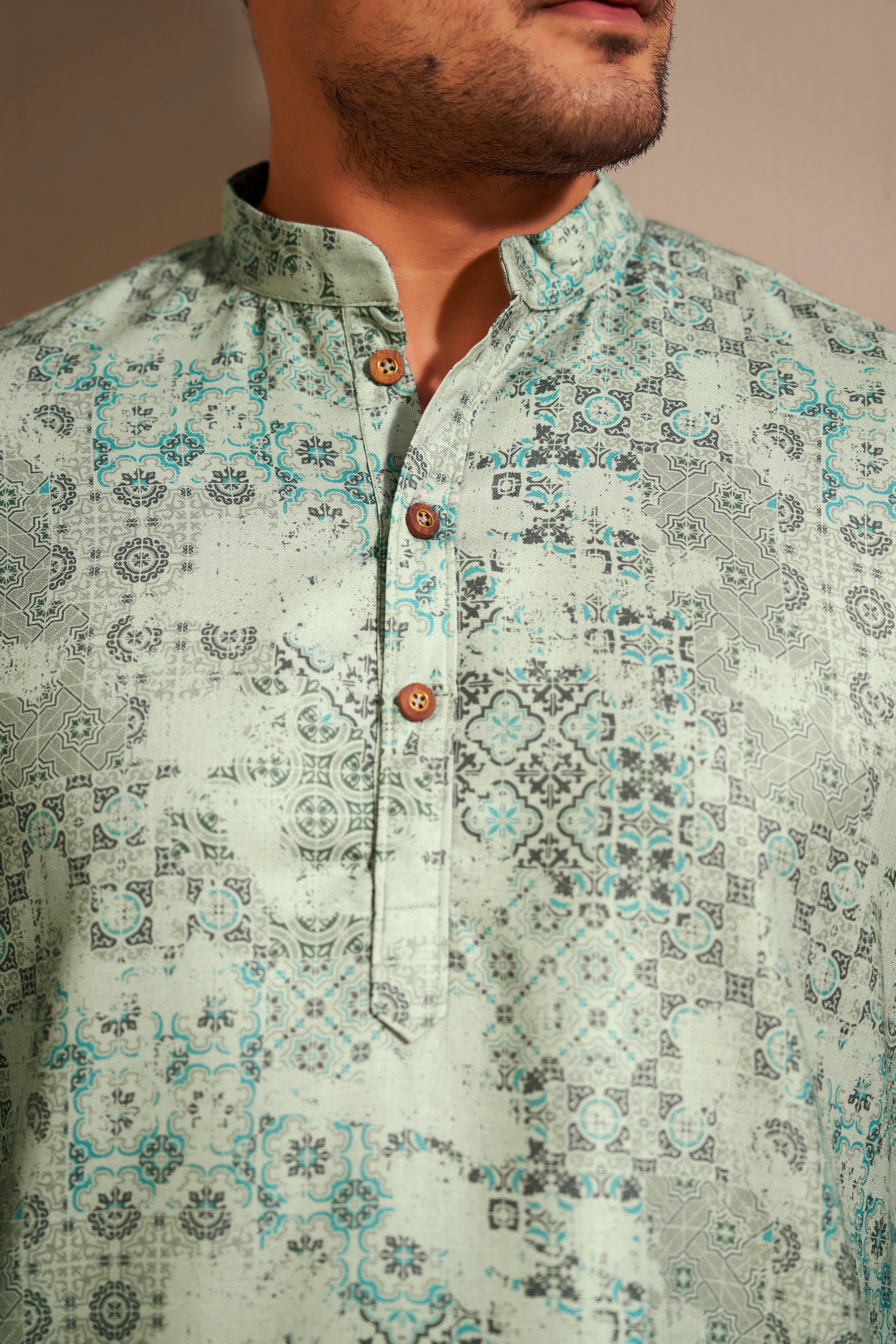 Sage Green Poly Linen Kurta Men Detail – Clean Ethnic Ethnoir India