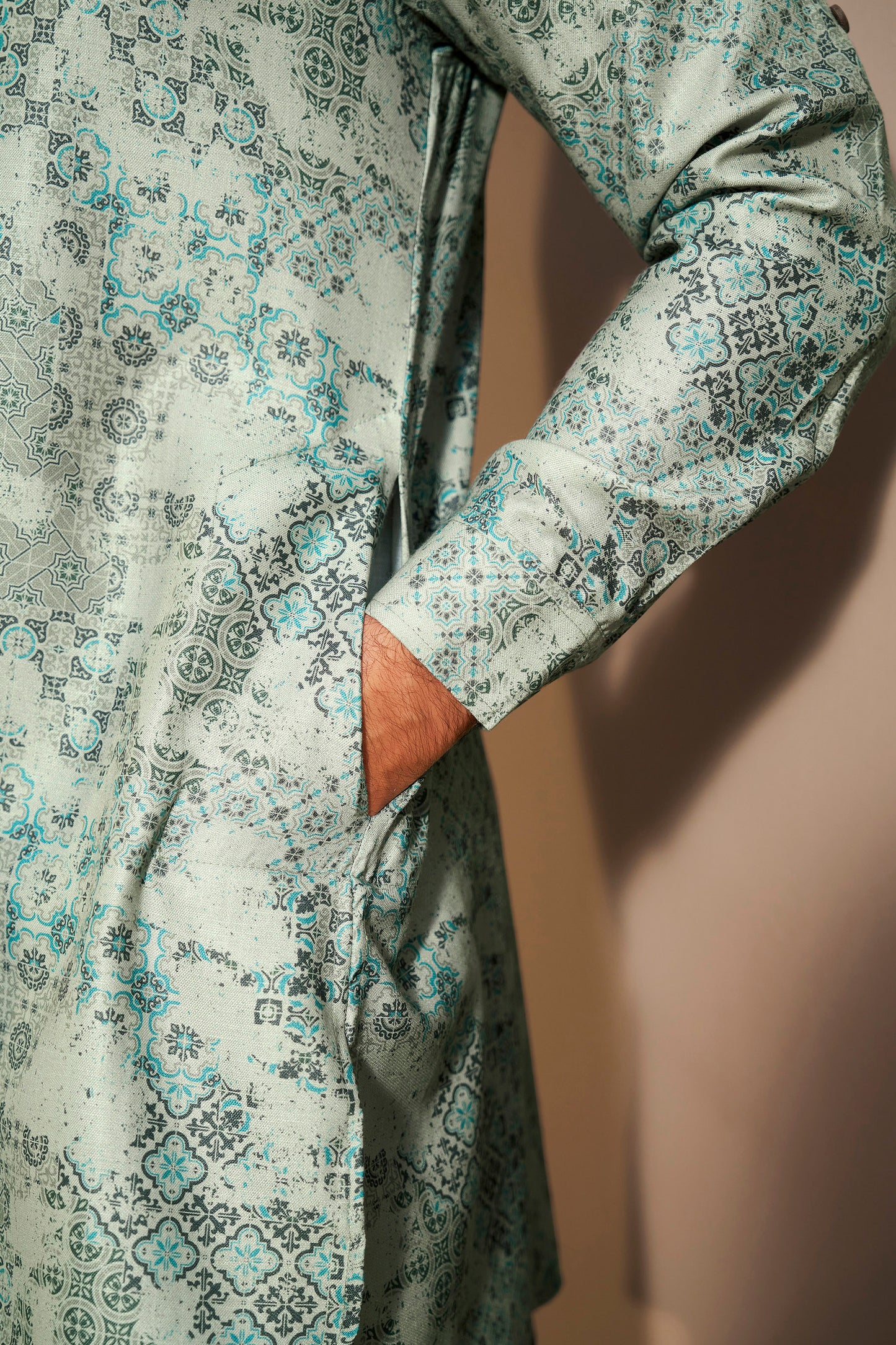 Sage Green Short Kurta Men Full Length – Ethnoir India
