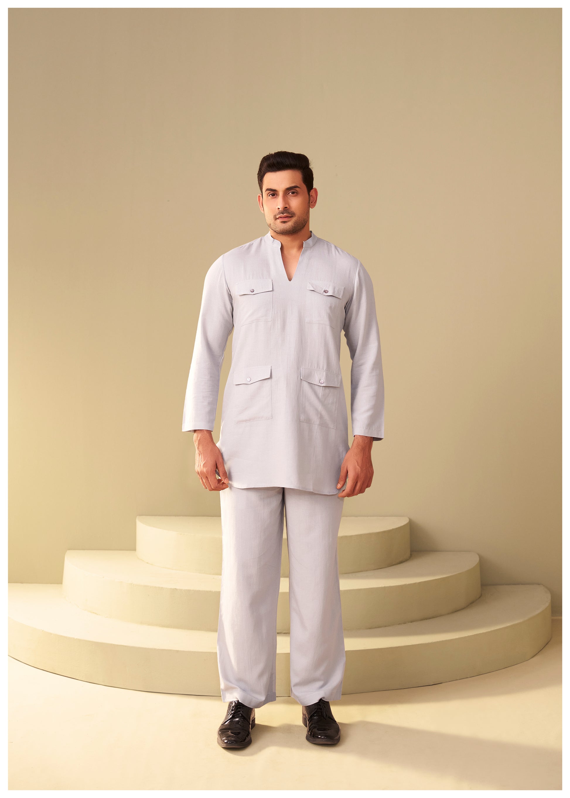 Mist Grey Linen Co-Ord Set for Men – Modern Utility Fit Ethnoir