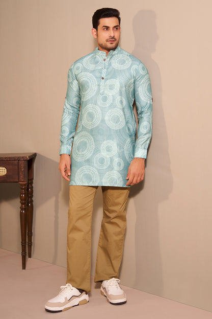 Aqua Printed Short Kurta for Men – Modern Casual Ethnic Wear Ethnoir