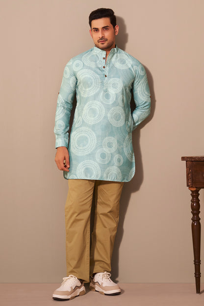 Aqua Poly Linen Printed Kurta Men – Premium Ethnic Wear Ethnoir India