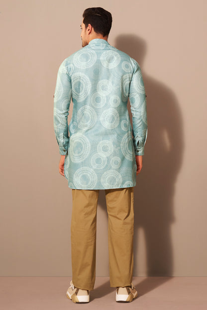 Aqua Printed Short Kurta for Men Side View – Ethnoir India
