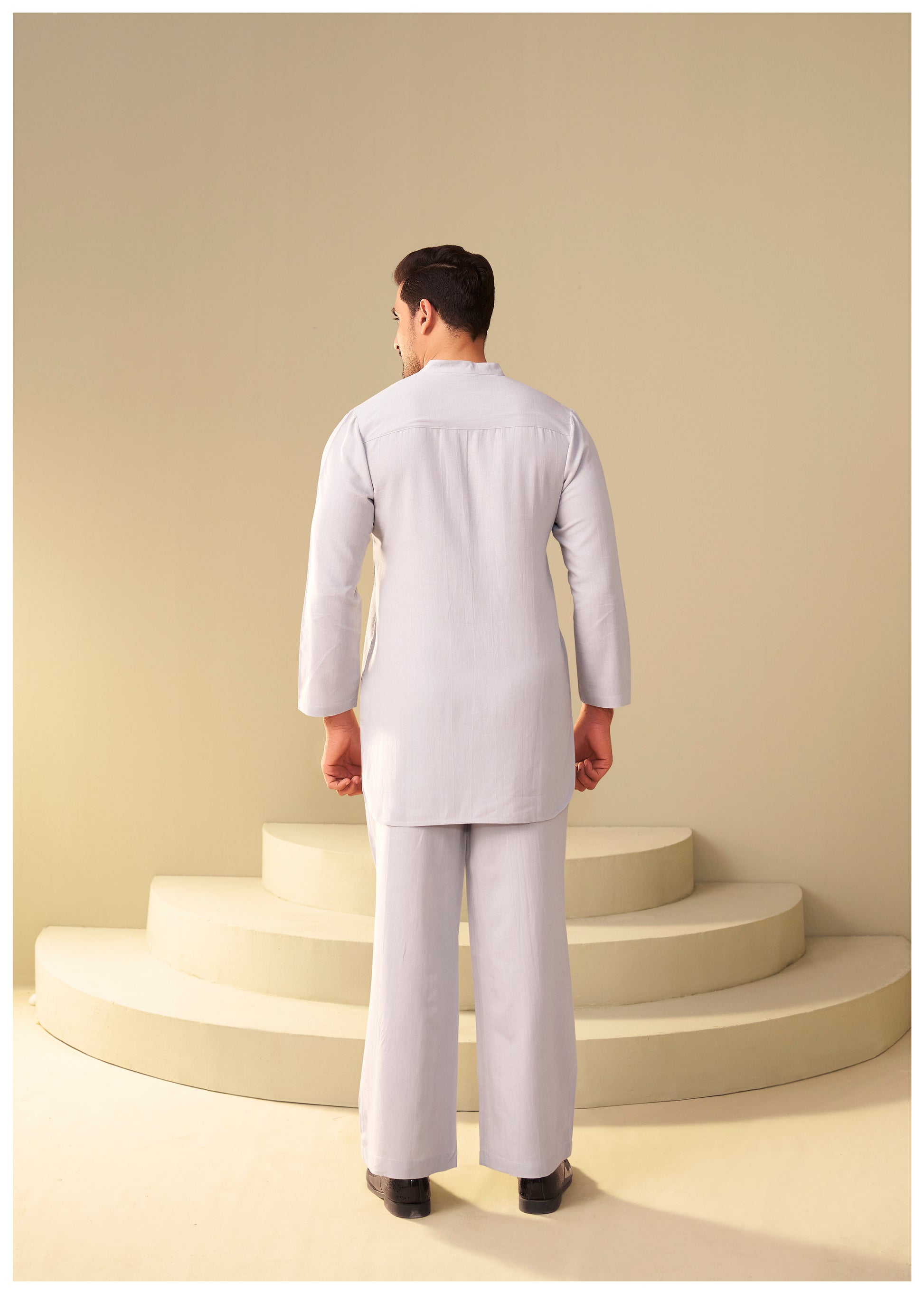Mist Grey Linen Co-Ord Set Men Side View – Modern Ethnic Ethnoir India