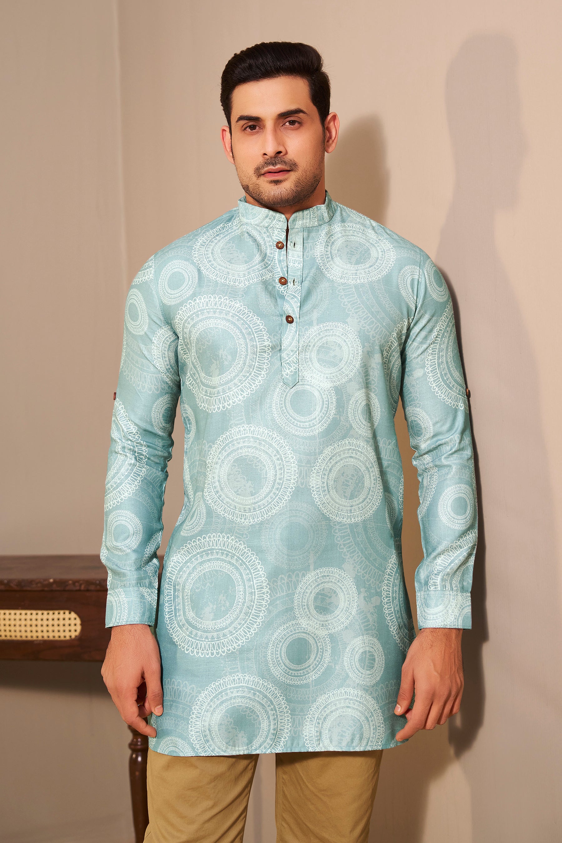 Aqua Poly Linen Kurta Men Back View – Casual Ethnic Ethnoir