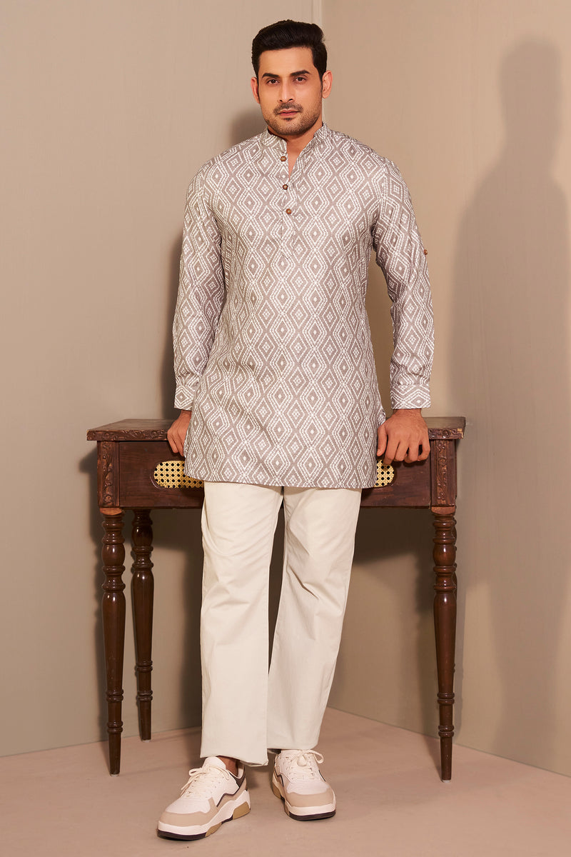 Stone Grey Diamond Print Short Kurta for Men – Minimal Ethnoir