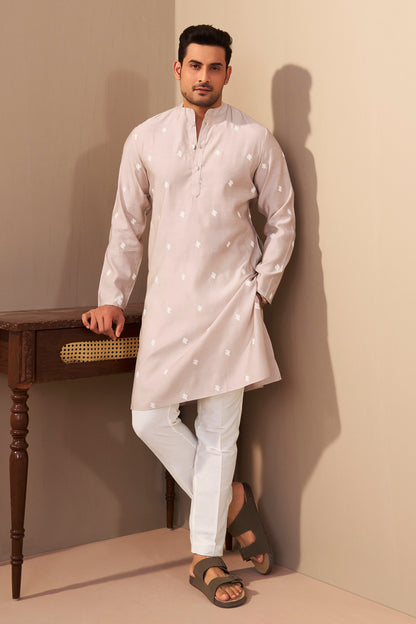 Light Beige Silk Embroidered Mandarin Collar Kurta for Men – Ethnoir