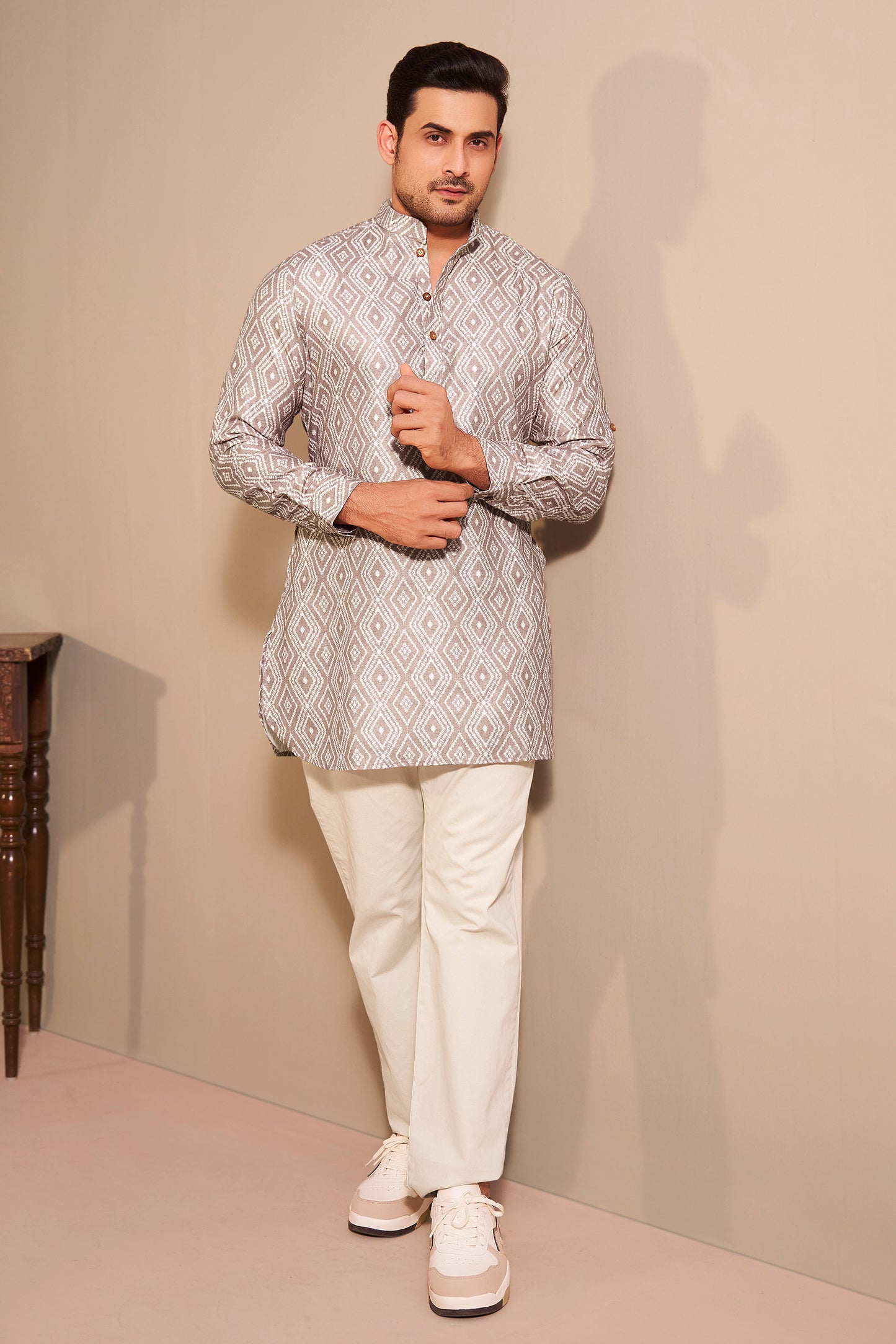 Stone Grey Poly Linen Printed Kurta Men – Premium Understated Ethnoir India