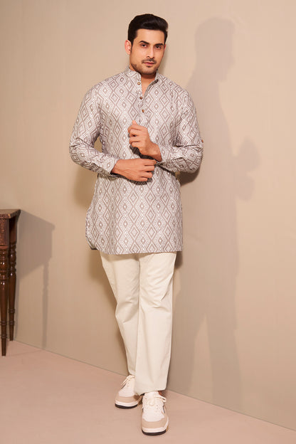Stone Grey Poly Linen Printed Kurta Men – Premium Understated Ethnoir India