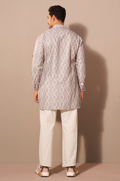 Stone Grey Diamond Print Kurta Men Side View – Ethnoir India