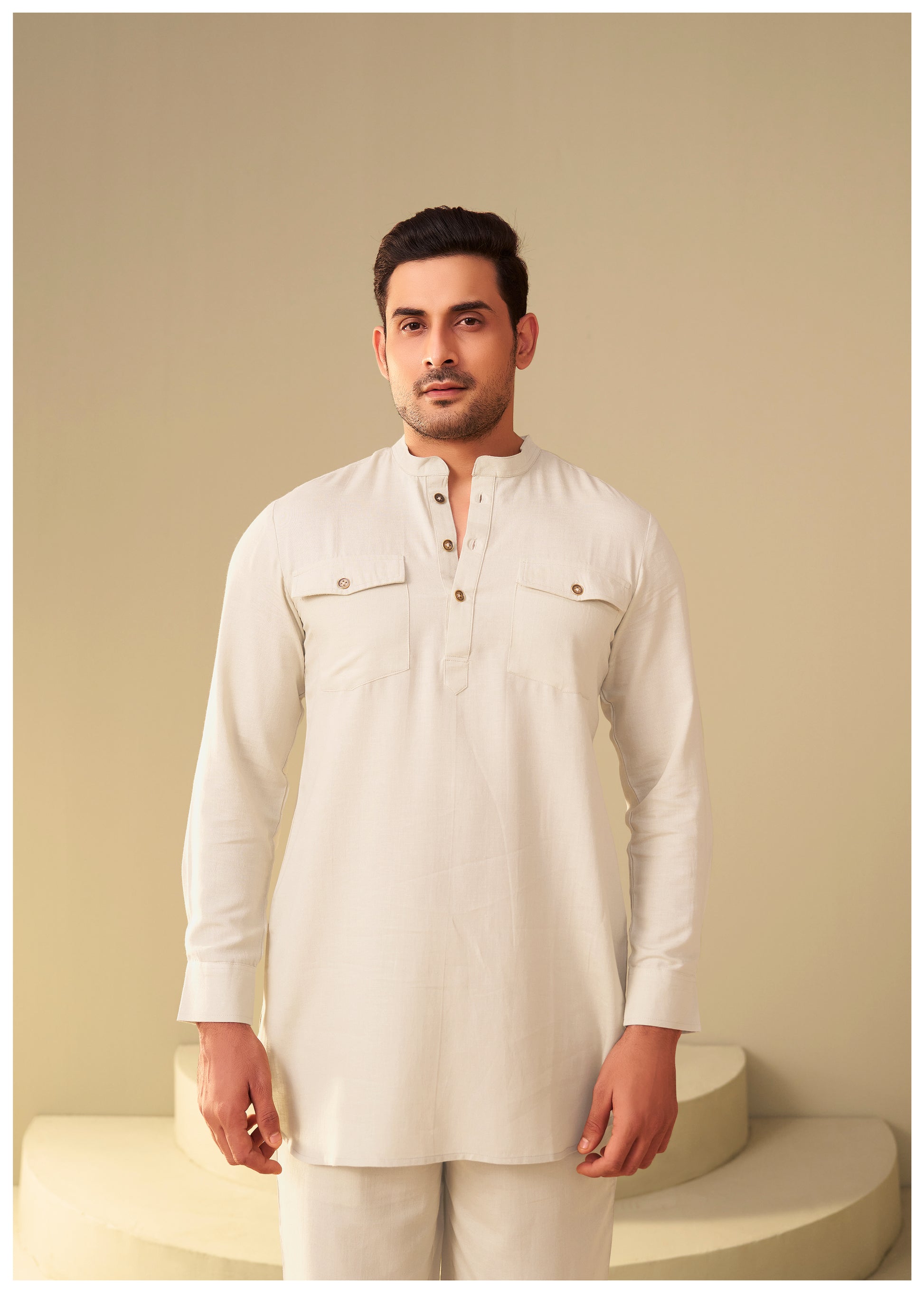 Sand Beige Linen Co-Ord Set Men Side View – Minimal Fit Ethnoir India