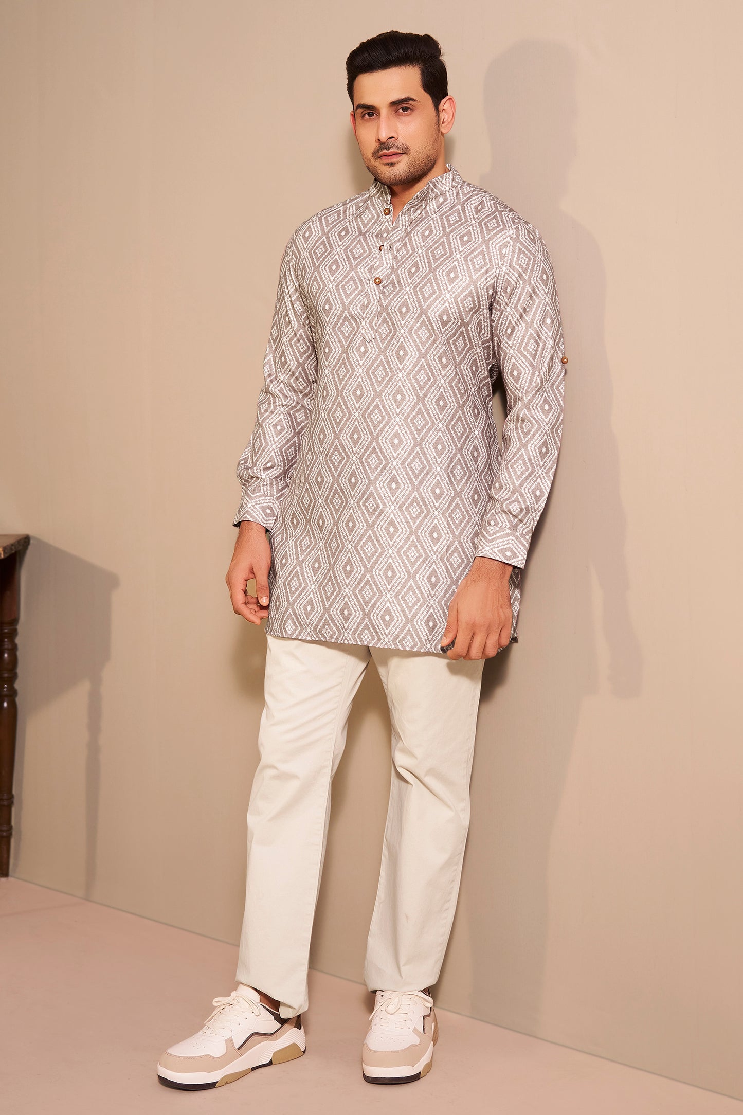 Stone Grey Minimal Short Kurta Men Back View – Ethnoir