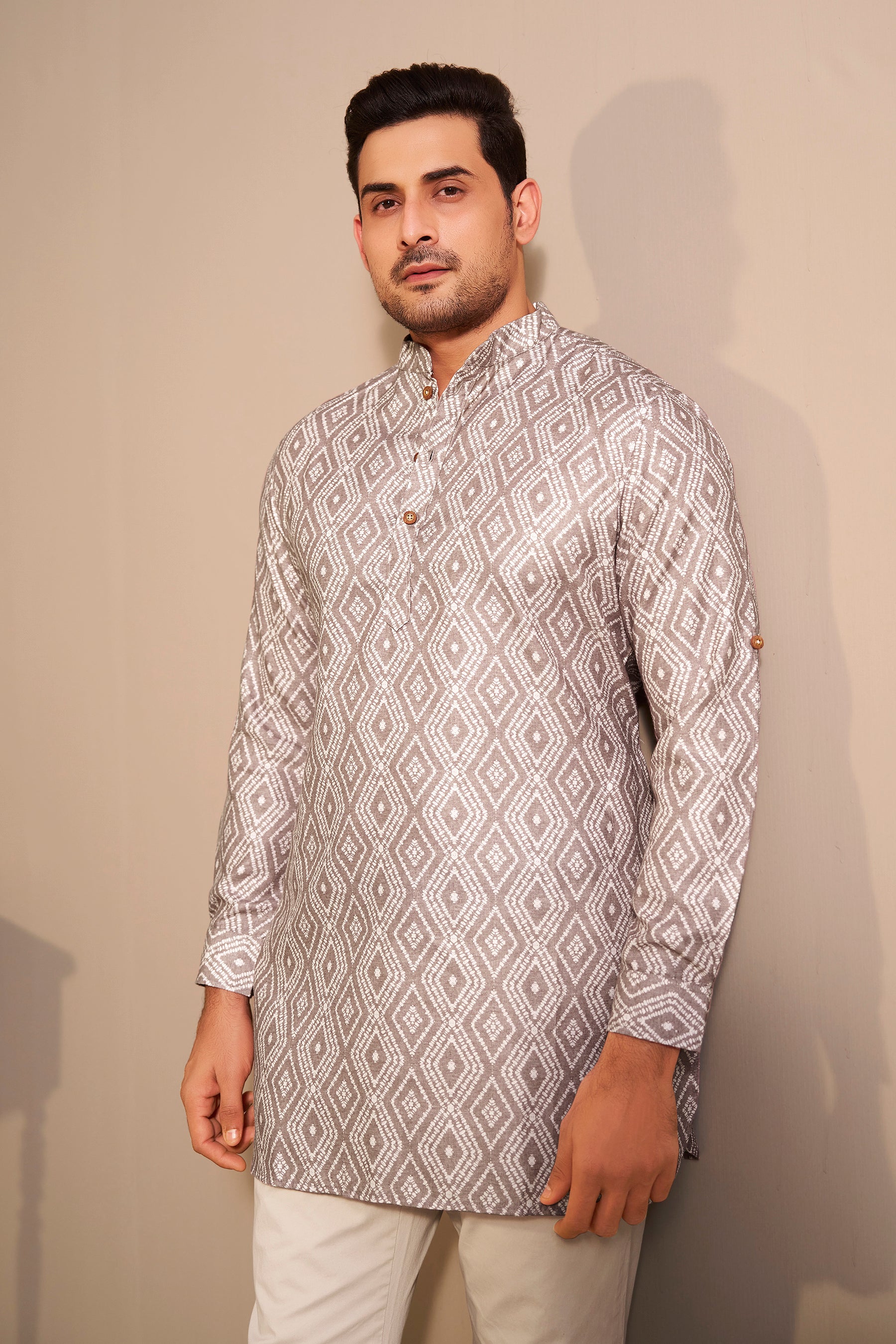 Stone Grey Printed Kurta Men Detail – Diamond Pattern Ethnoir India