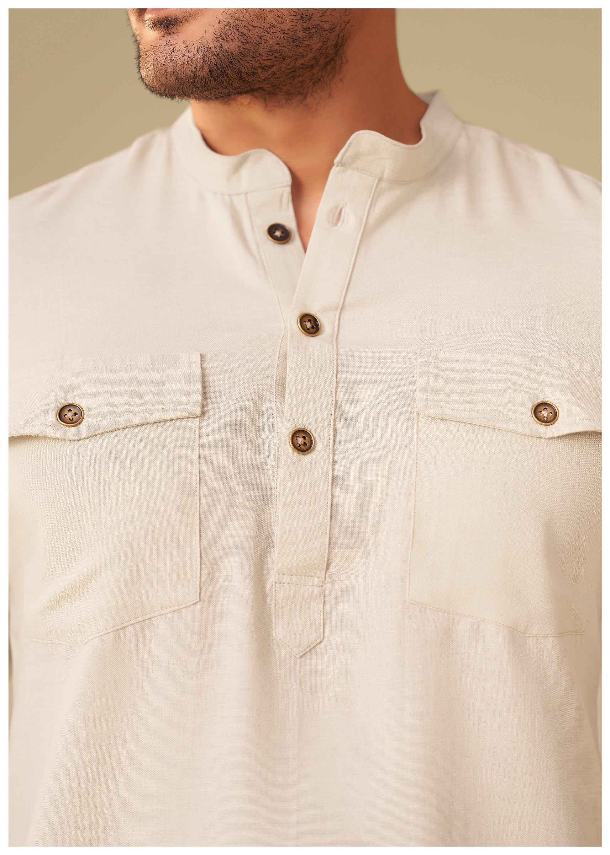Sand Beige Linen Co-Ord Set Men Detail – Ethnoir Premium Ethnic
