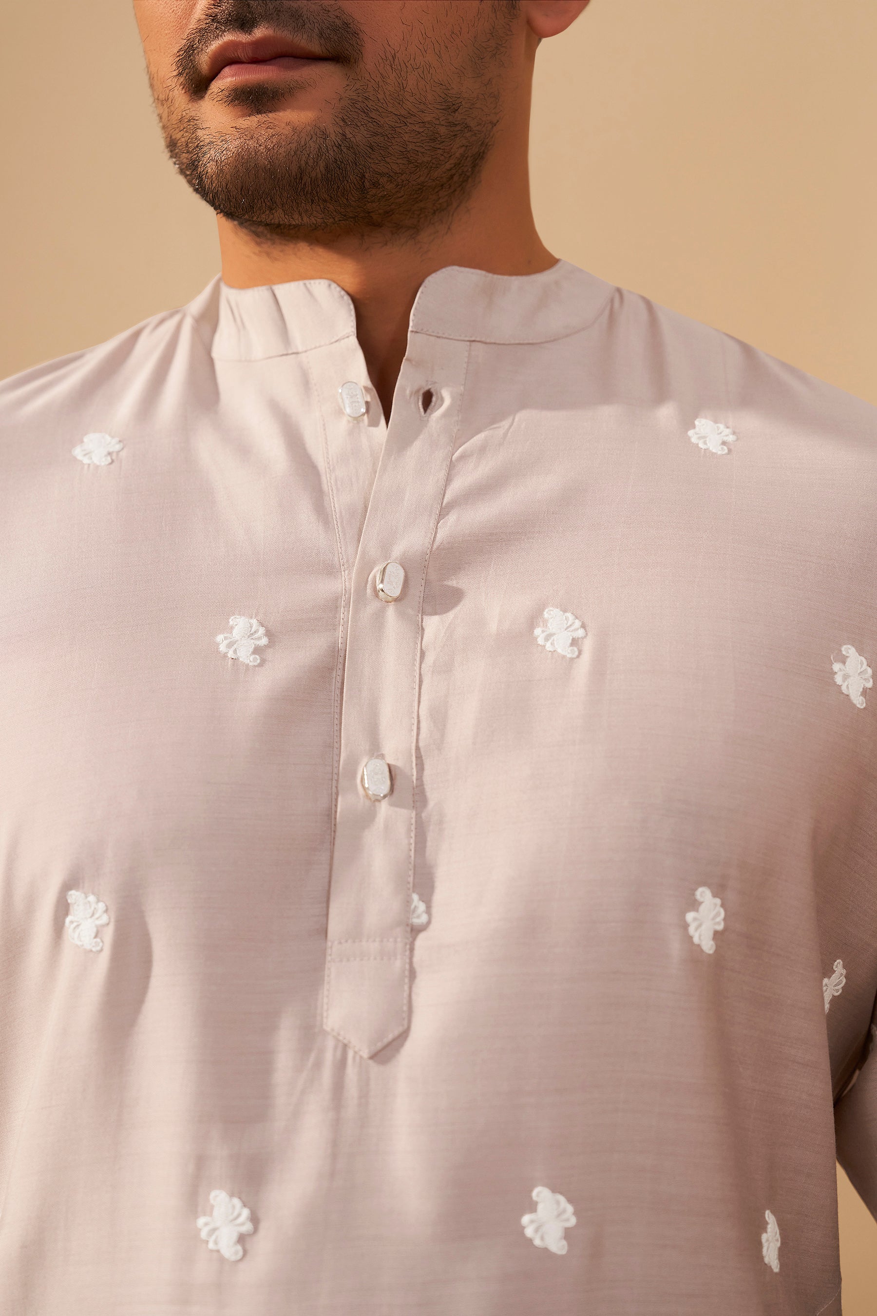 Light Beige Roman Silk Kurta Men Full Length – Premium Ethnoir India