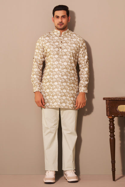 Sandstone Brown Printed Short Kurta for Men – Earthy Modern Ethnic