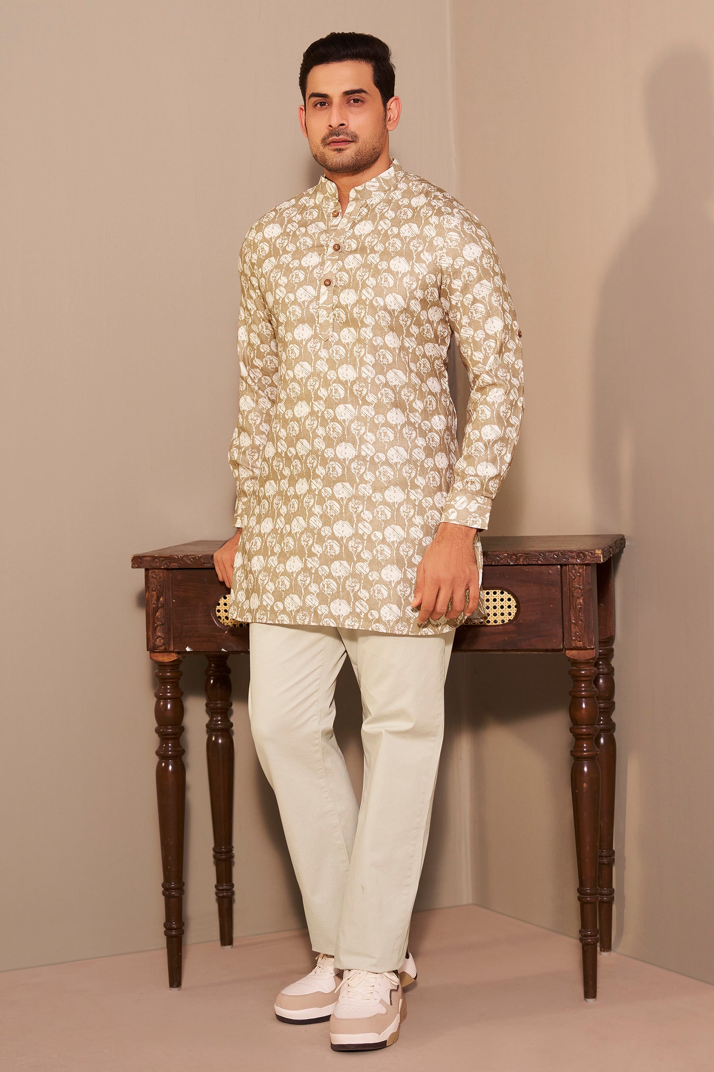 Sandstone Brown Printed Short Kurta for Men – Earthy Modern Ethnic