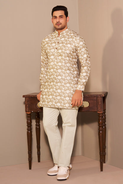 Sandstone Brown Printed Short Kurta for Men – Earthy Modern Ethnic