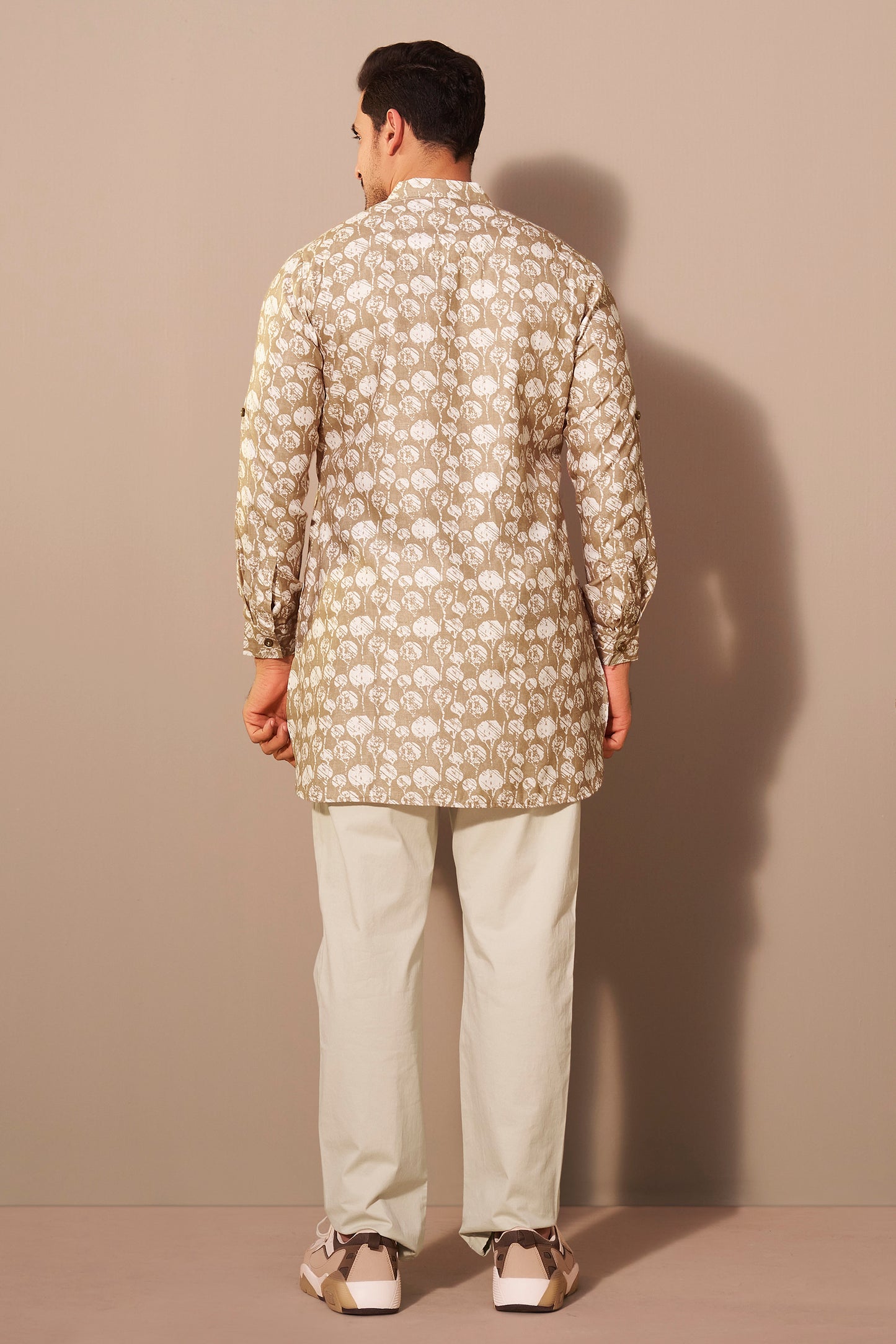 Sandstone Brown Printed Short Kurta for Men – Earthy Modern Ethnic