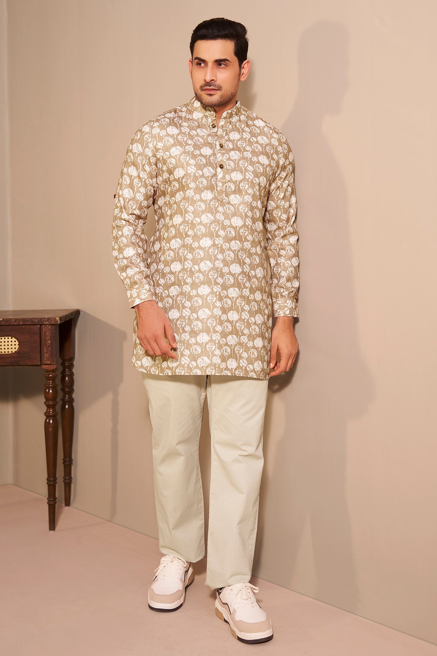 Sandstone Brown Printed Short Kurta for Men – Earthy Modern Ethnic
