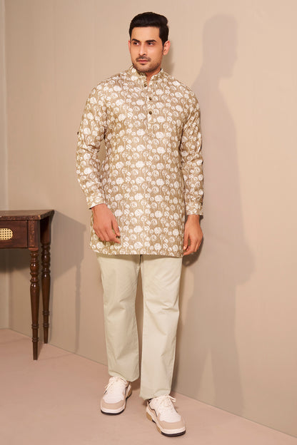 Sandstone Brown Printed Short Kurta for Men – Earthy Modern Ethnic