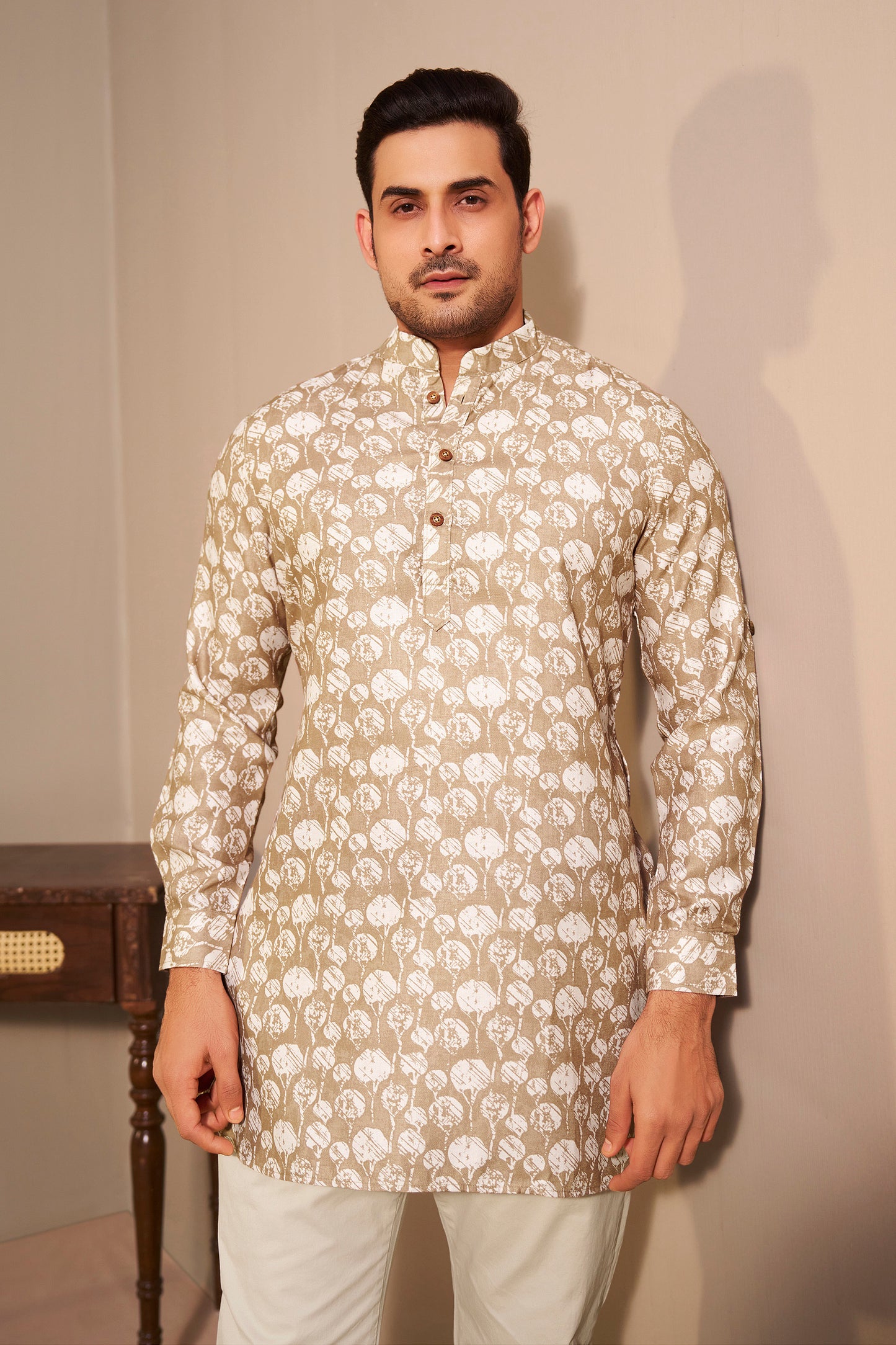 Sandstone Brown Printed Short Kurta for Men – Earthy Modern Ethnic