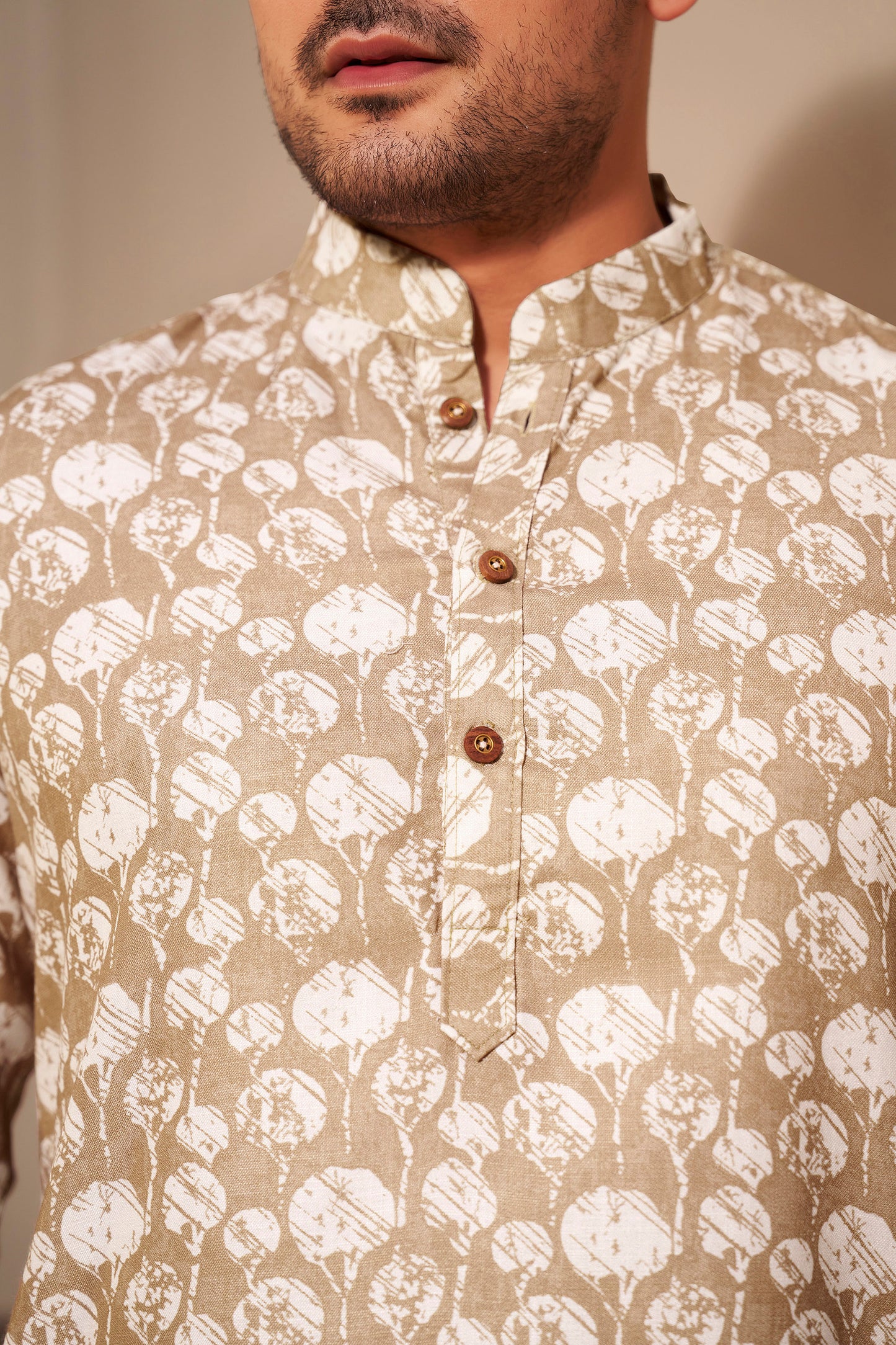 Sandstone Brown Printed Short Kurta for Men – Earthy Modern Ethnic