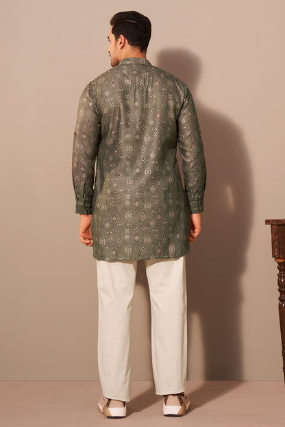 Olive Heritage Print Kurta for Men Side View – Ethnoir India