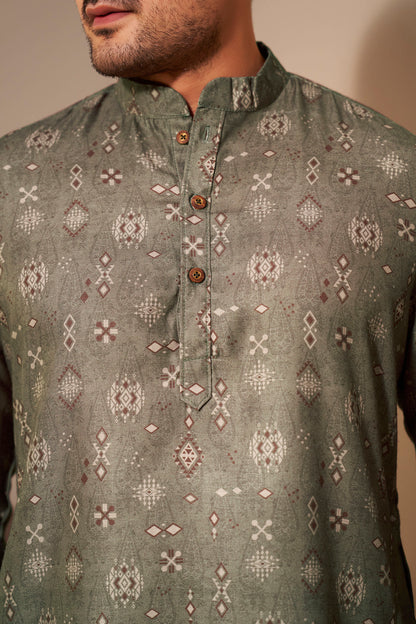 Olive Heritage Printed Kurta Men Detail – Poly Linen Ethnoir India