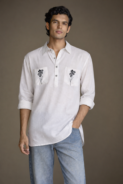 White Embroidered Short Kurta for Men Shirt Collar – Ethnoir