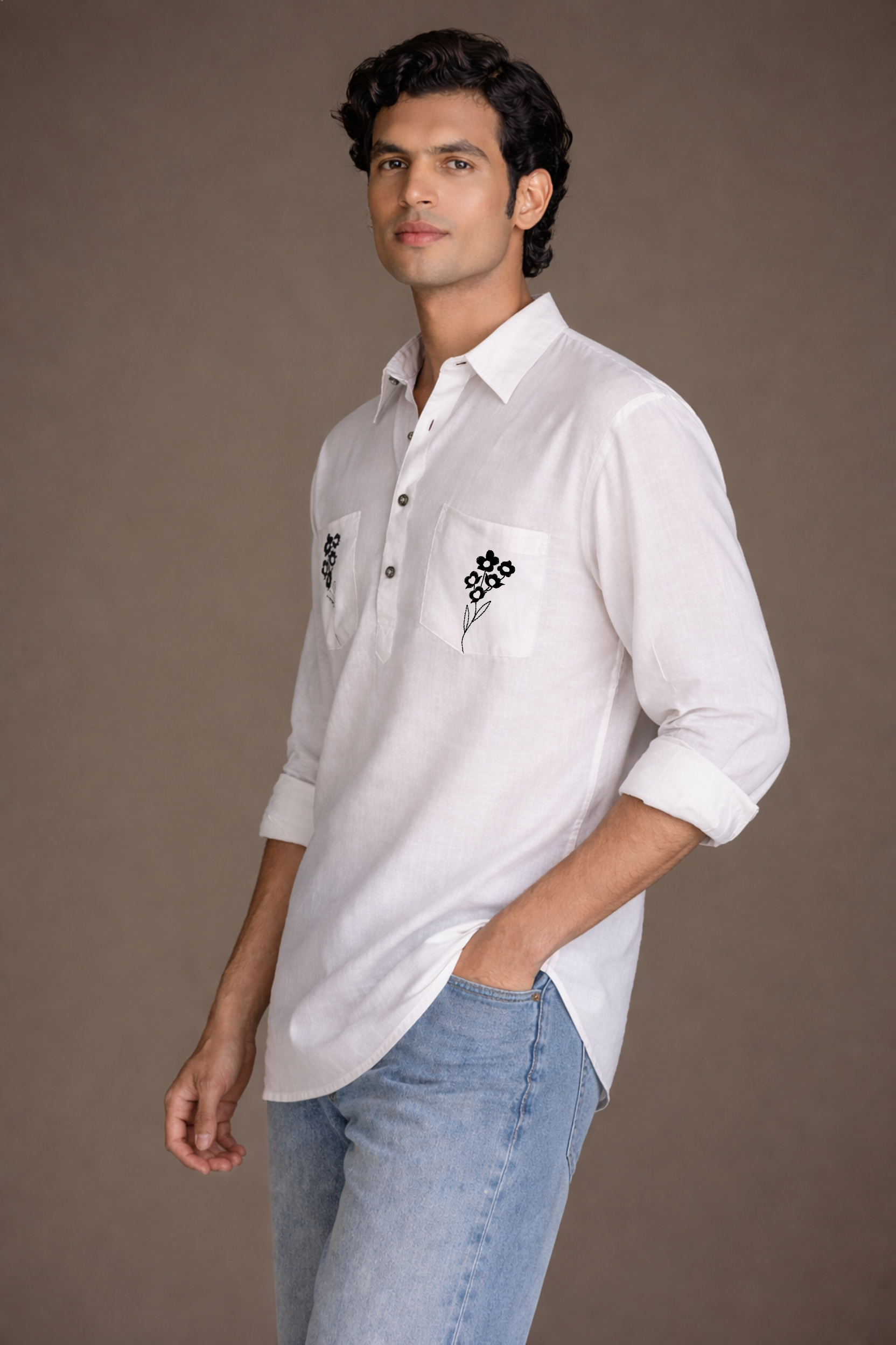 White Embroidered Short Kurta for Men Side View – Ethnoir India