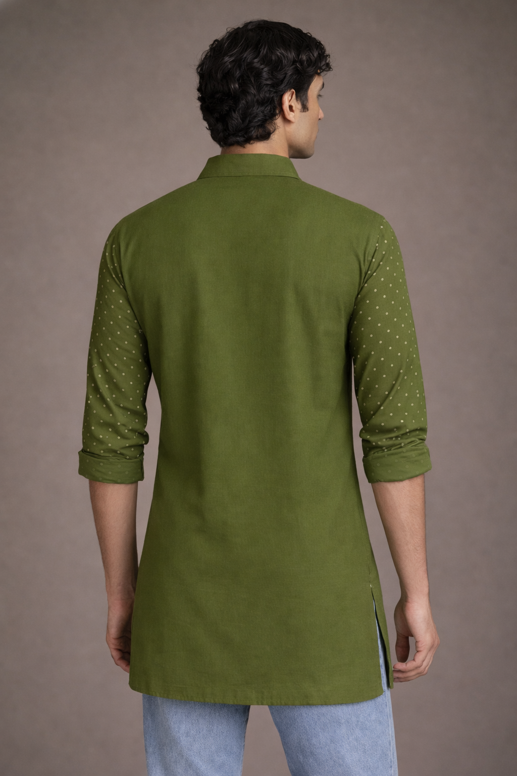 Green Bandhani Printed Kurta Men Side View – Shirt Collar Ethnoir India