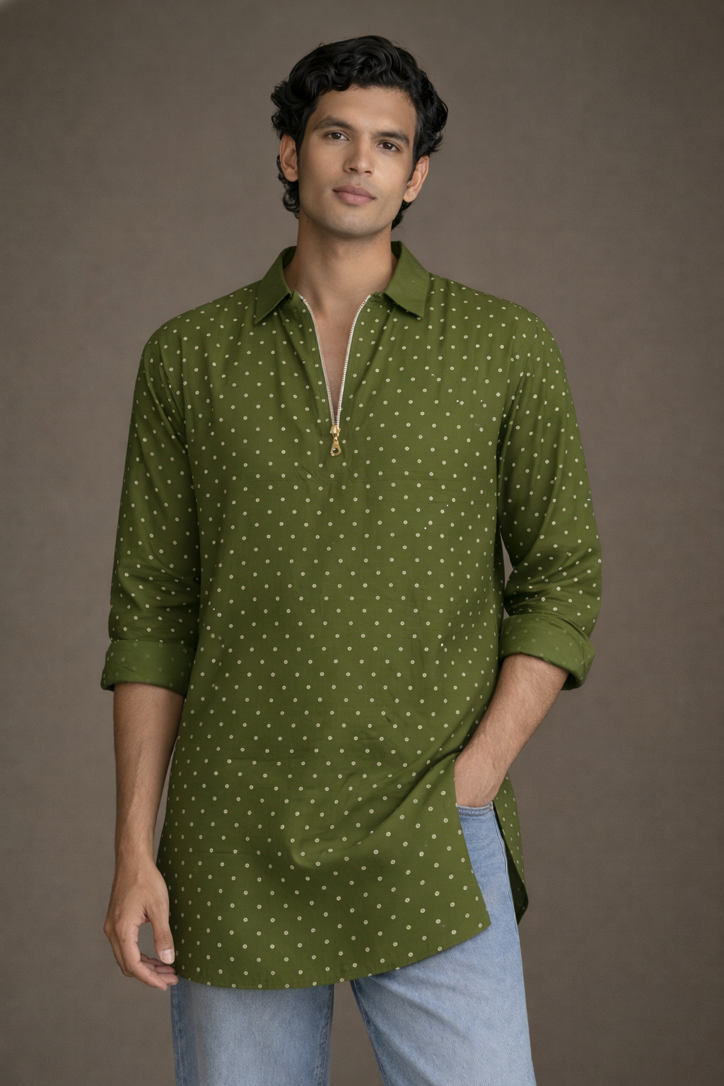 Green Bandhani Printed Short Kurta for Men Shirt Collar Muslin – Ethnoir