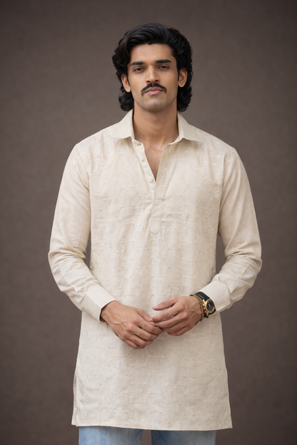 Off White Embroidered Shirt Collar Kurta for Men – Poly Linen Ethnoir