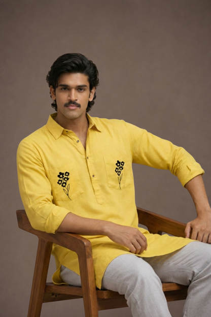 Yellow Embroidered Short Kurta for Men Back View – Rayon Ethnoir India