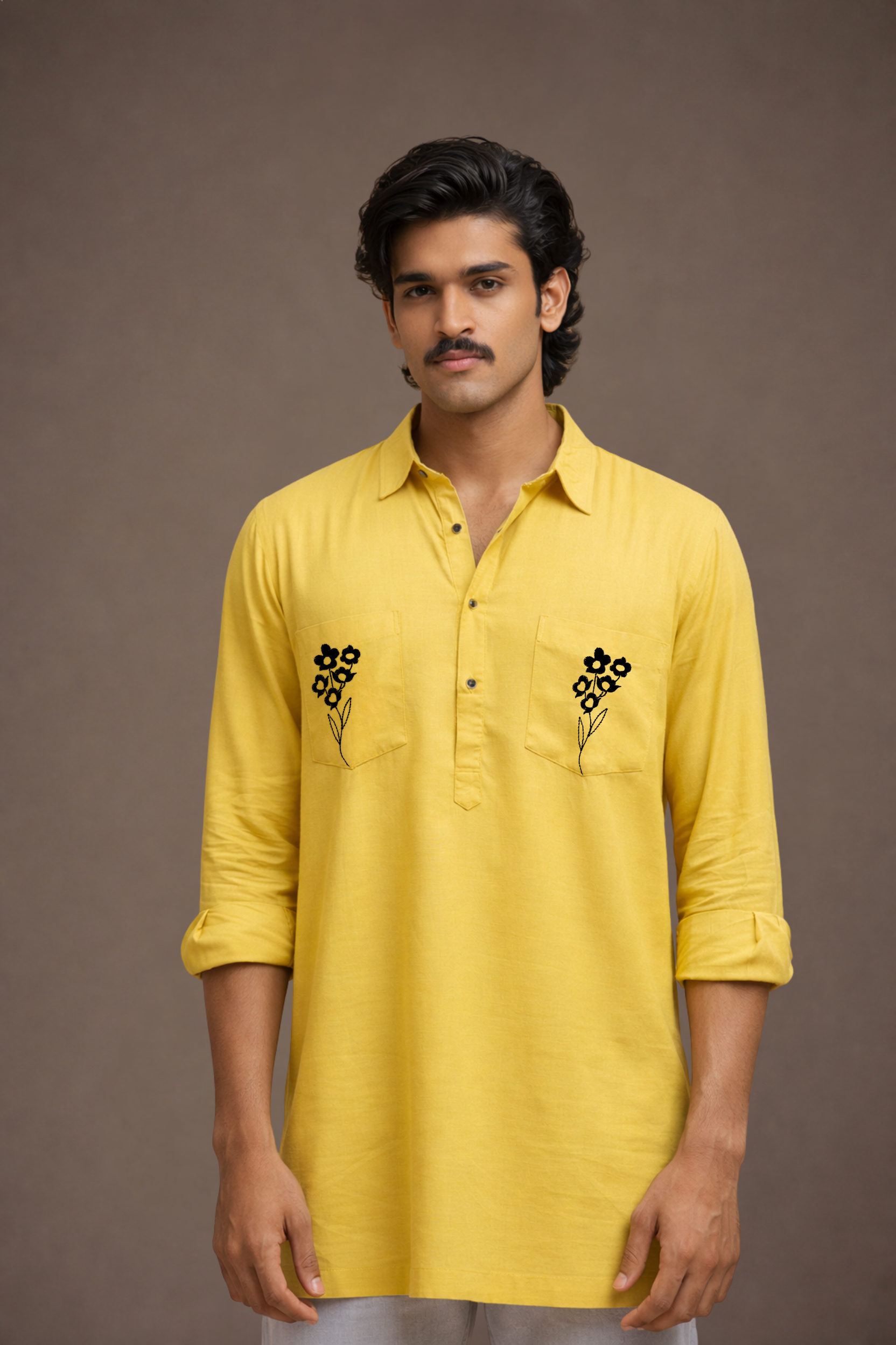 Yellow Embroidered Short Kurta for Men Shirt Collar – Rayon Ethnoir