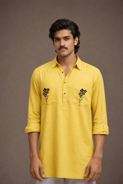 Yellow Embroidered Short Kurta for Men Shirt Collar – Rayon Ethnoir