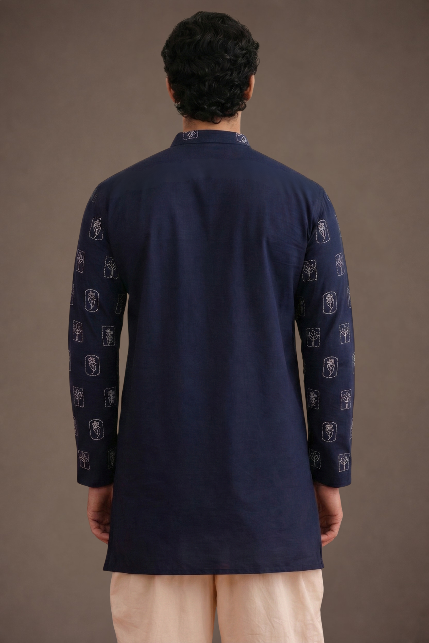 Blue Printed Mandarin Collar Kurta Men Side View – Ethnoir India
