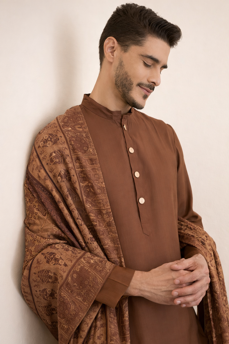 Brown 3-Piece Kurta Set for Men with Pashmina Dupatta – Ethnoir