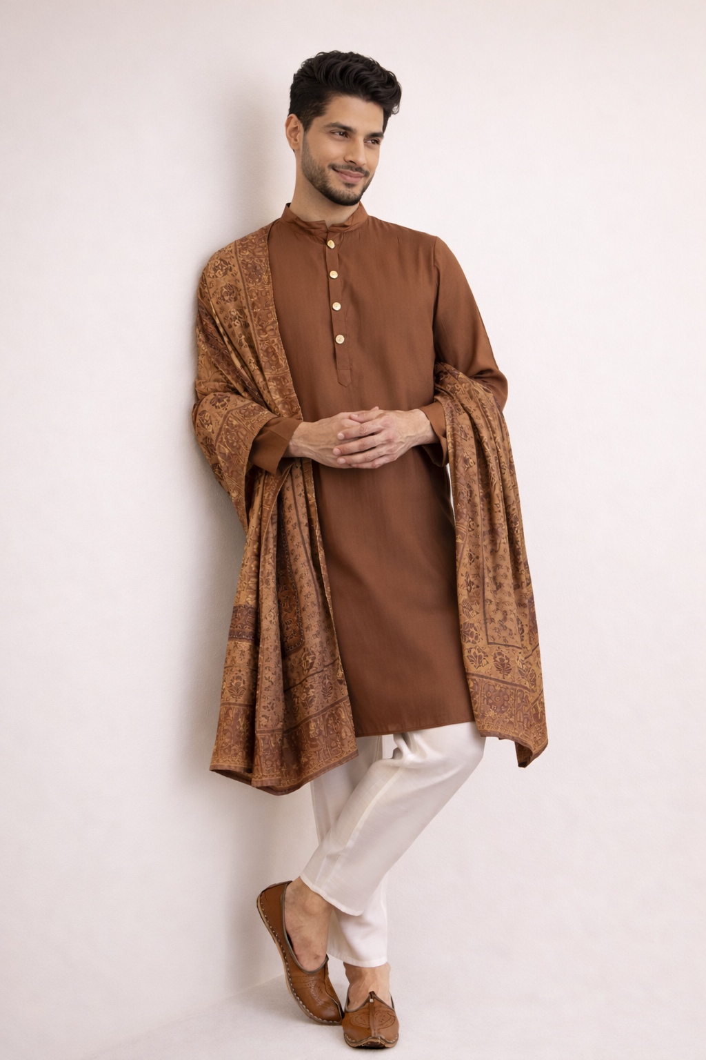Brown 3-Piece Kurta Set Men Detail – Pashmina Dupatta Ethnoir India