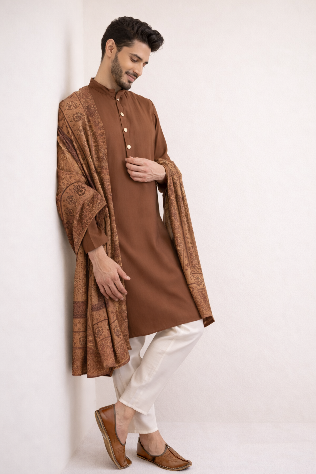 Brown Kurta Set with Pashmina Dupatta Men Side View – Ethnoir