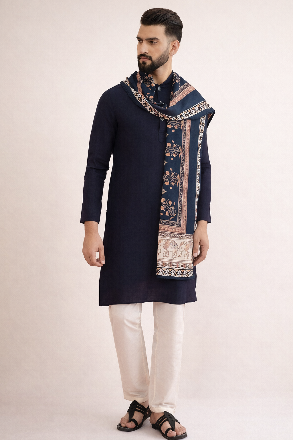 Blue 3-Piece Kurta Set for Men with Pashmina Dupatta – Ethnoir