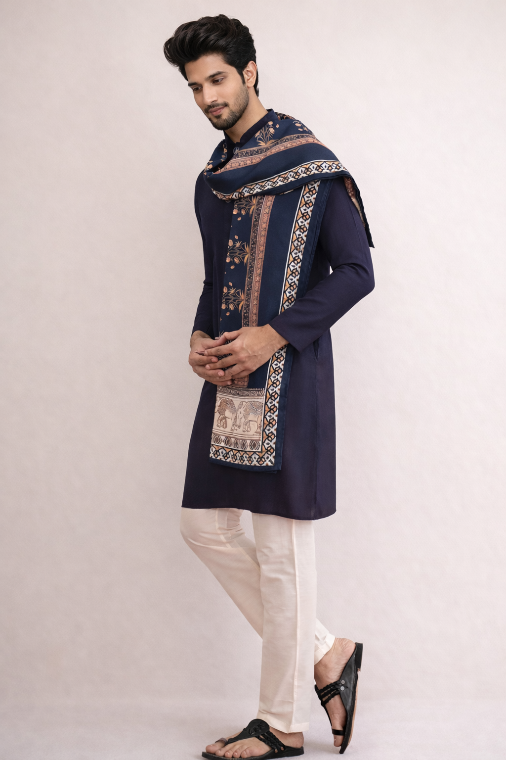 Blue Kurta with Pashmina Dupatta Men Side View – Wedding Ethnoir