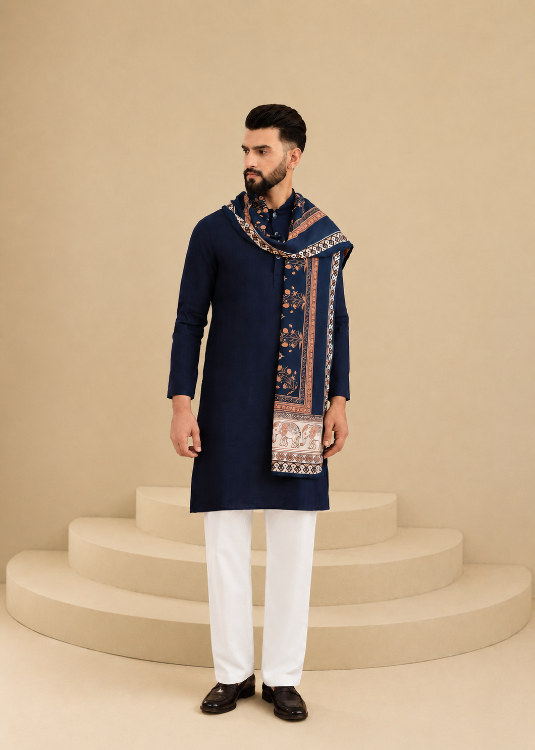 Blue 3-Piece Kurta Set for Men with Pashmina Dupatta